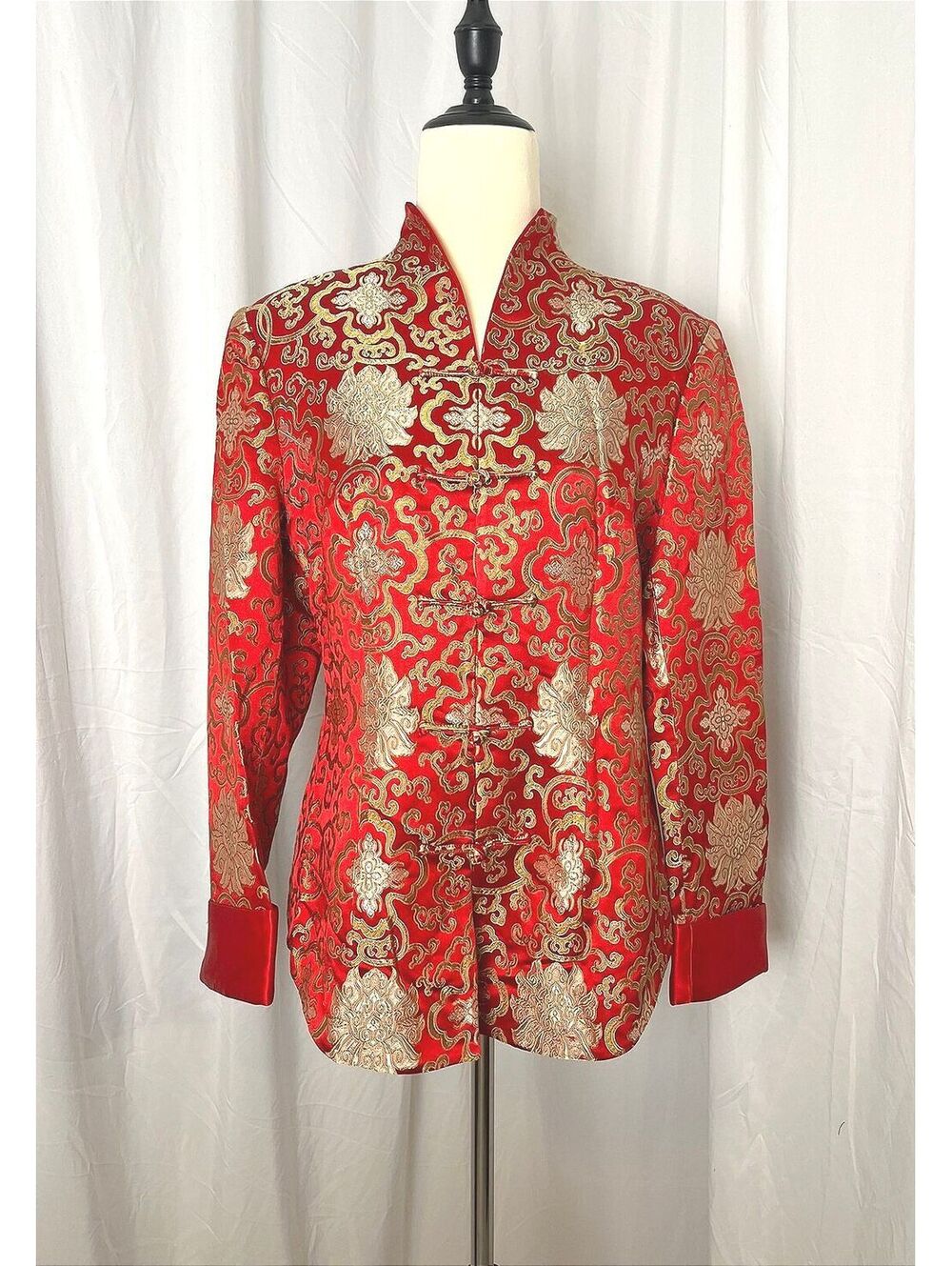 Vintage Jing Hui Yi Zu Red Gold Silk Brocade Tang Jacket Frog Closure Mandarin